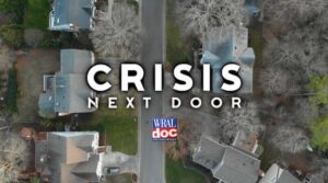 Bird's eye view of houses in North Carolina with the title, Crisis Next Door